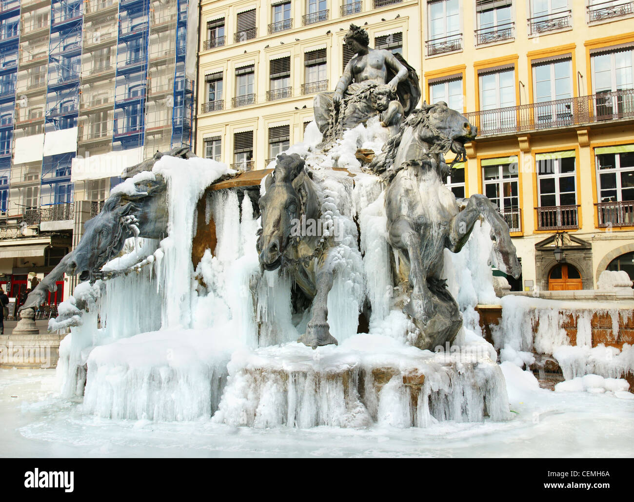 Gefrorene Brunnen in Lyon, Frankreich, Europa Stockfoto