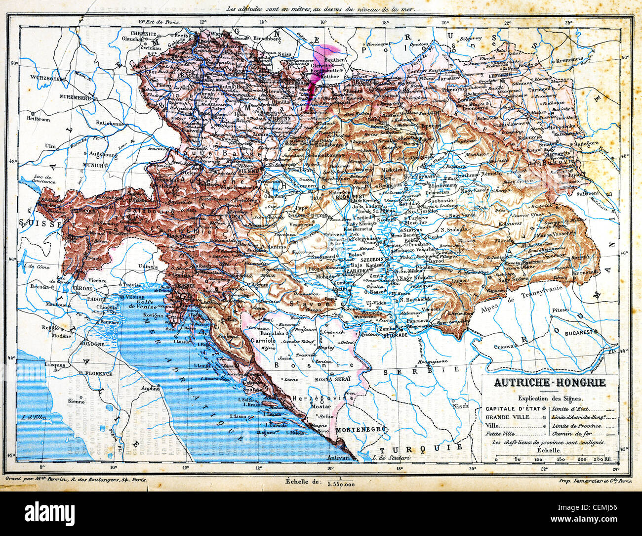 Die Karte von Österreich-Ungarn mit Erklärung der Zeichen auf der Karte. Stockfoto