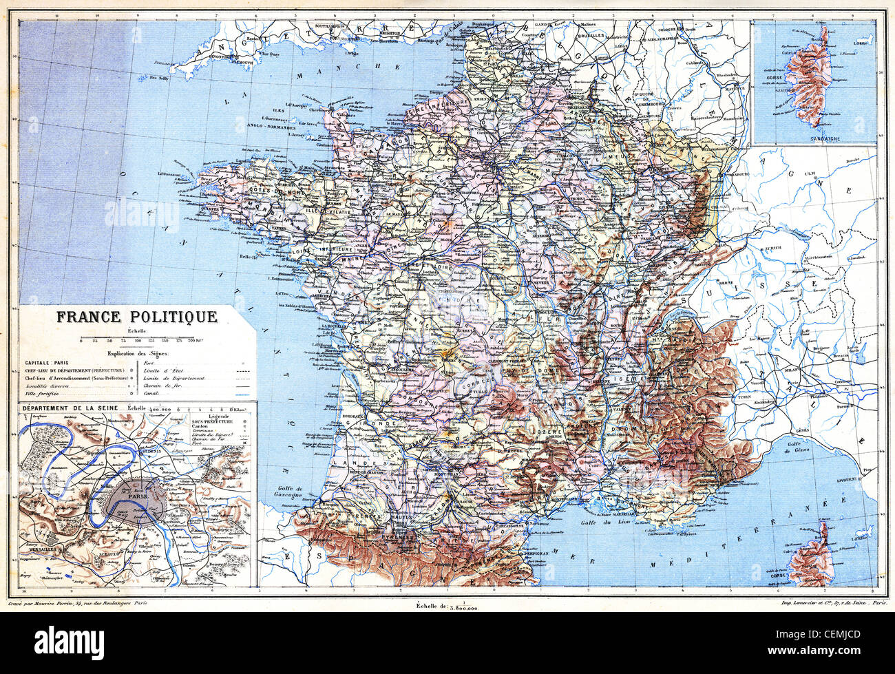 Karte - Frankreich Politique mit Erklärung der Zeichen auf der Karte. Stockfoto