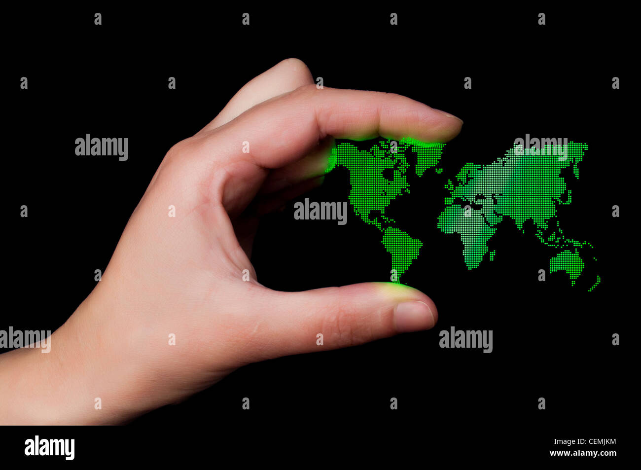 Dot Welt Karte betriebswirtschaftlichen Hintergrund. Hand mit Weltkarte Stockfoto