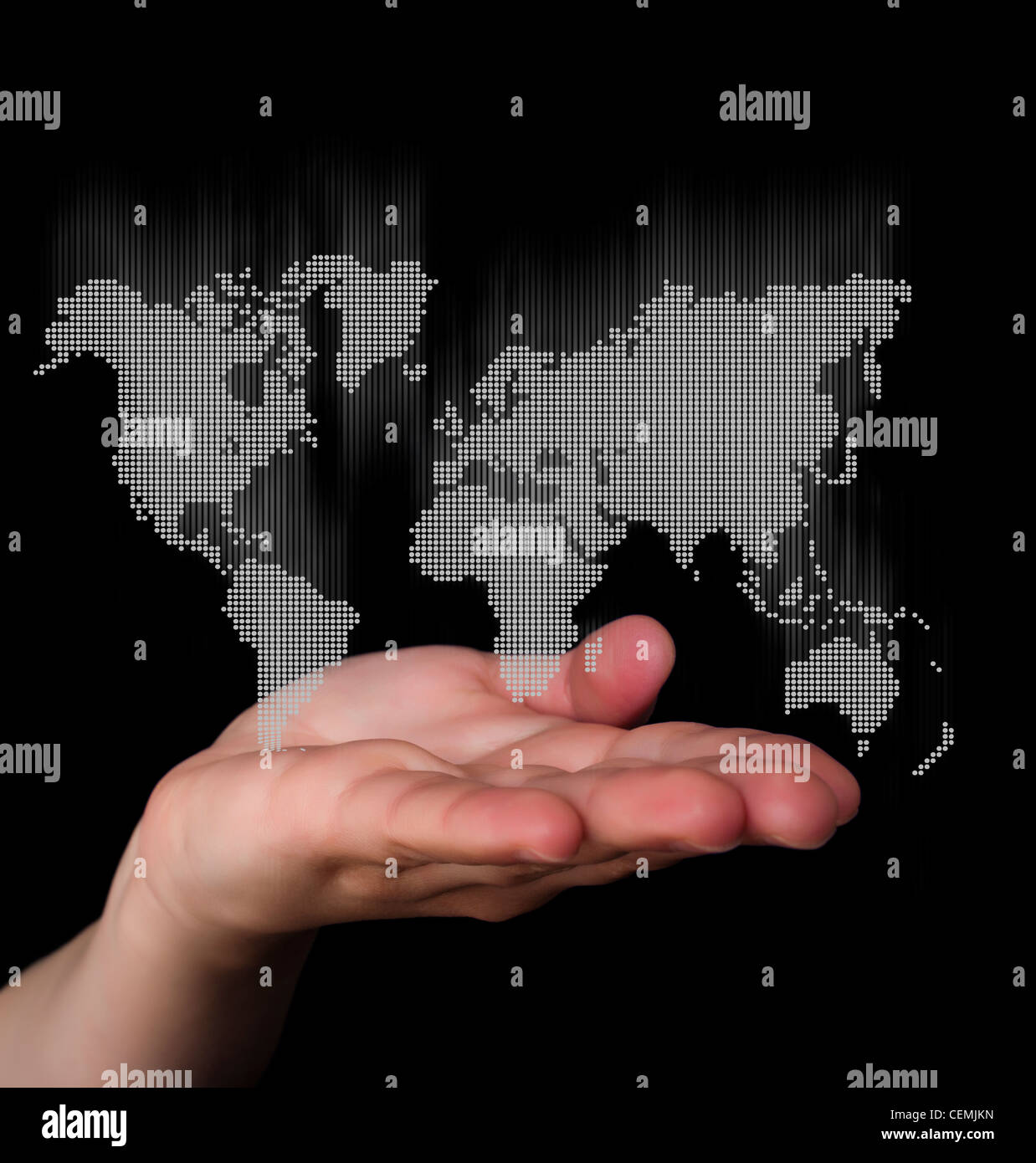 Dot Welt Karte betriebswirtschaftlichen Hintergrund. Hand mit Weltkarte Stockfoto
