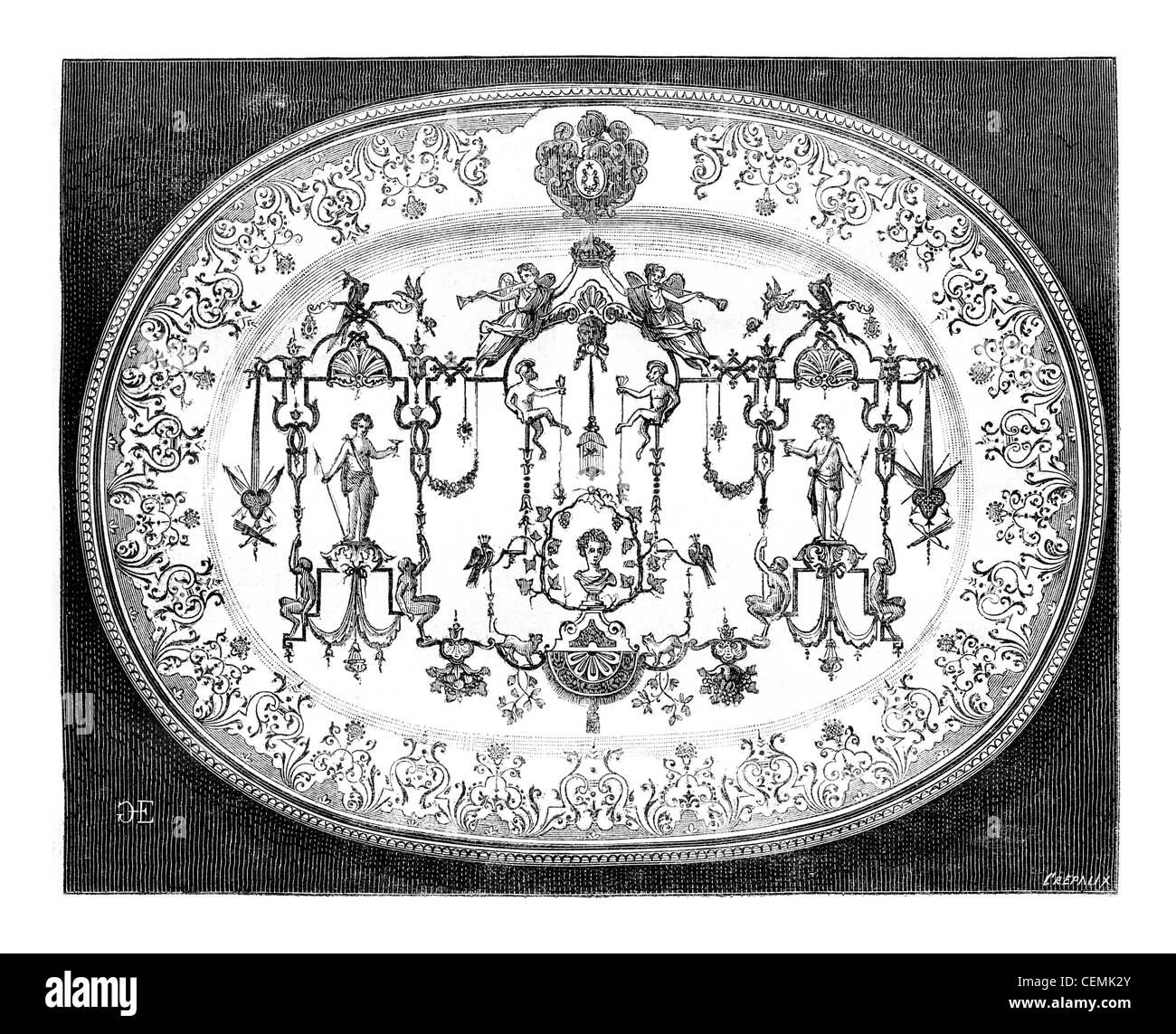 Große Schüssel von Moustiers Fayence, blaues Dekor, Vintage gravierte Illustration. Magasin Pittoresque 1875. Stockfoto