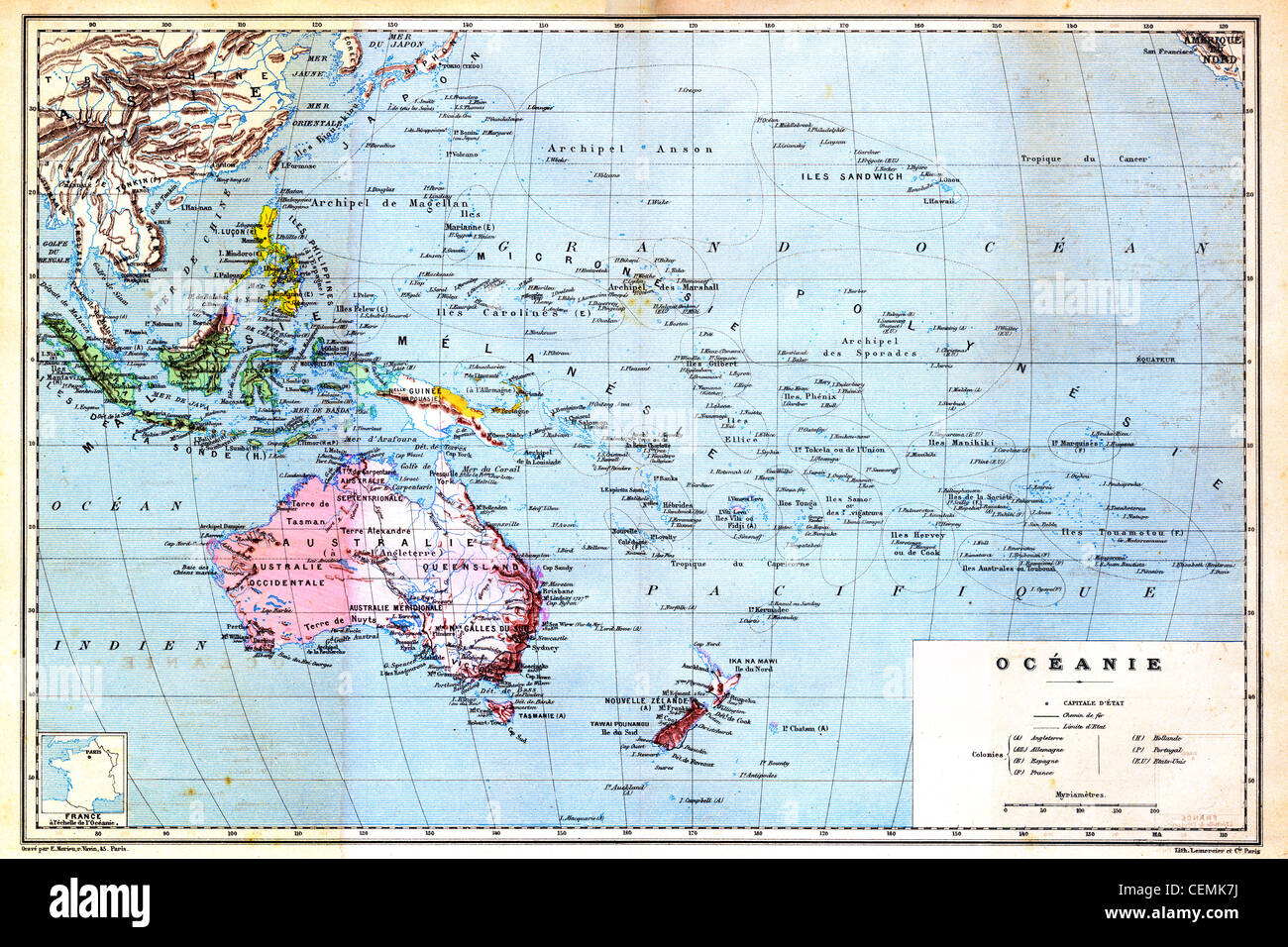 Die bunte Karte mit Inseln Ozeaniens kreiste auf der Karte. Stockfoto