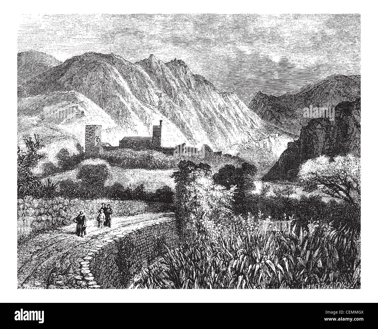 Le Vernet und Mount Canigou; Blick auf der Nordseite. - Zeichnung Ph. Blanchard, Vintage-Grafik. Magasin Pittoresque 1874. Stockfoto