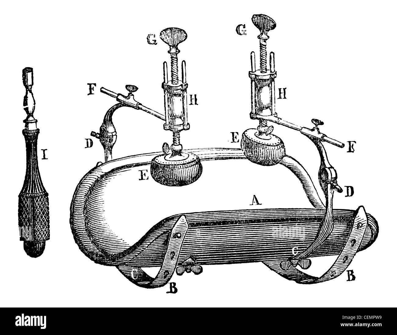 Broca Kompressor., graviert Vintage Illustration. Magasin Pittoresque 1875. Stockfoto