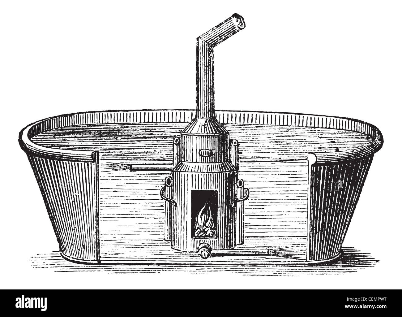 Abb. 137. Bad mit mobilen Gerät Wasser in einer großen Badewanne 45 Minuten mit Holzkohle, Vintage eingraviertem Muster zu erwärmen. magasin Pittoresque 1875. Stockfoto