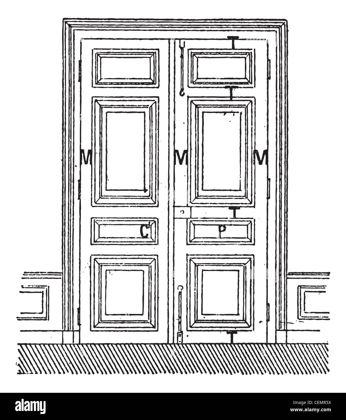 Tür mit zwei Blätter c, Tür, c, Rahmen, m, Betrag, p, Plakate, T-Schienen, Vintage eingravierten Abbildung. Wörterbuch der Wörter und Dinge - larive und Fleury - 1895. Stockfoto