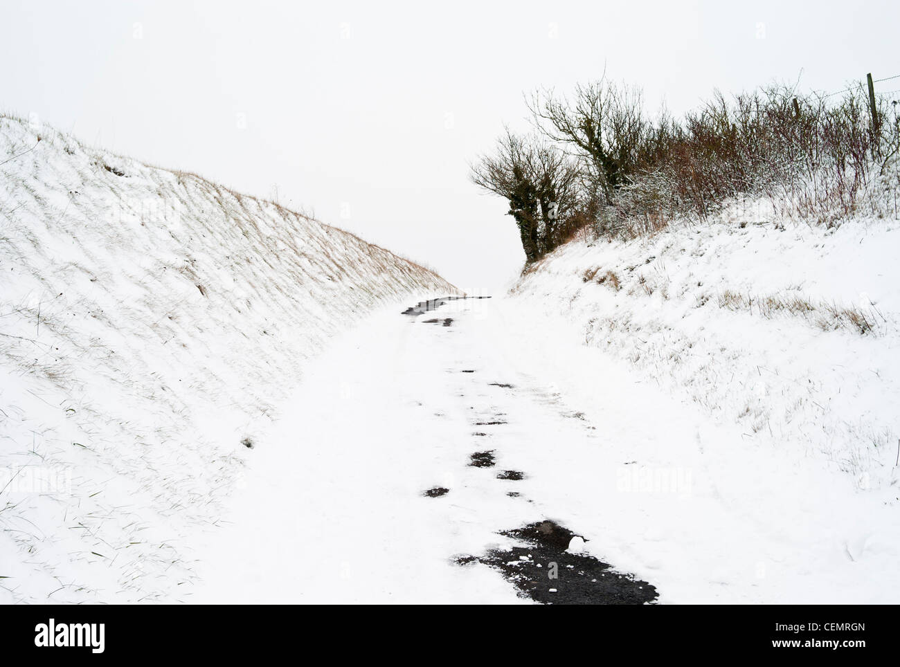 Winterliche Szene der Landstraße im Schnee. Stockfoto