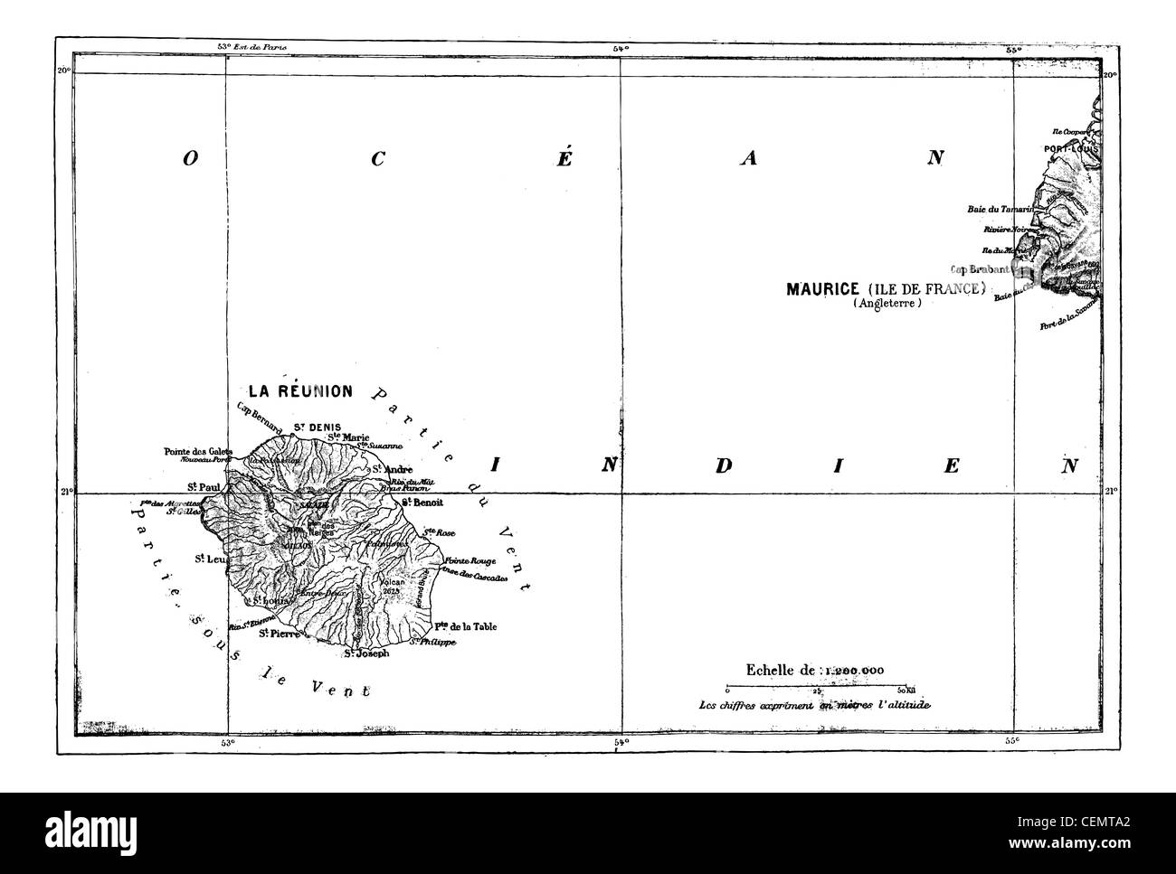 La Réunion und Mauritius Karte graviert Vintage Illustration. Wörter und Sachen - Larive und Fleury - 1895. Stockfoto