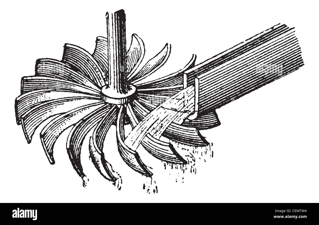 Horizontale Wasserrad graviert Vintage Illustration. Wörter und Sachen - Larive und Fleury - 1895. Stockfoto