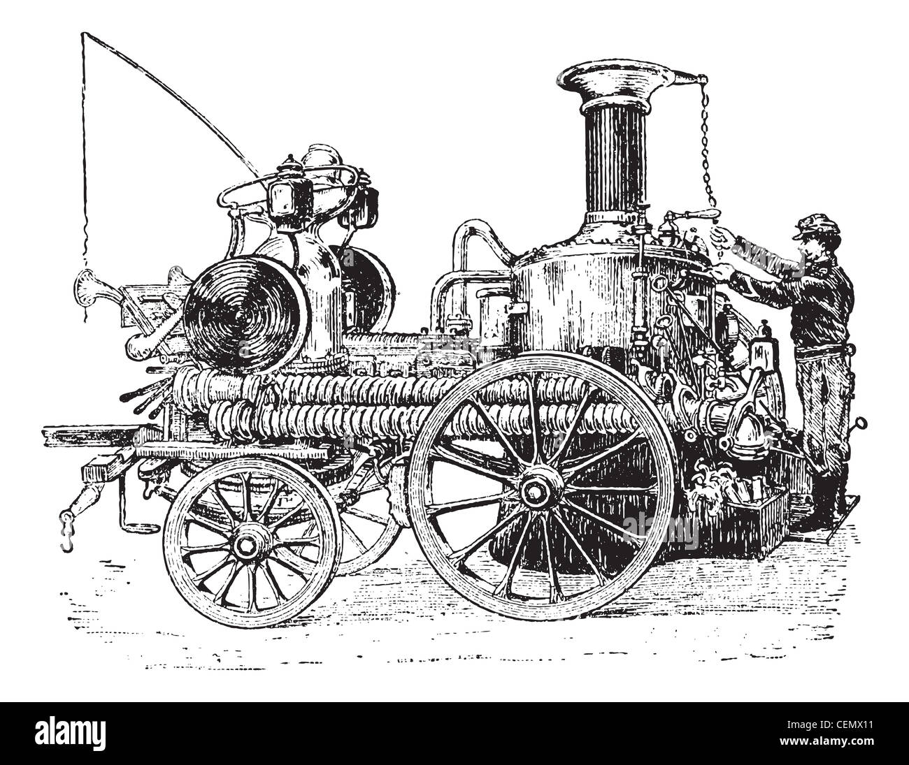 Alte eingraviertem Muster von Dampf Pumpe auf Schlitten, es ist gegen Feuer verwendet. Wörterbuch der Wörter und Dinge - larive und Fleury? 1895 Stockfoto