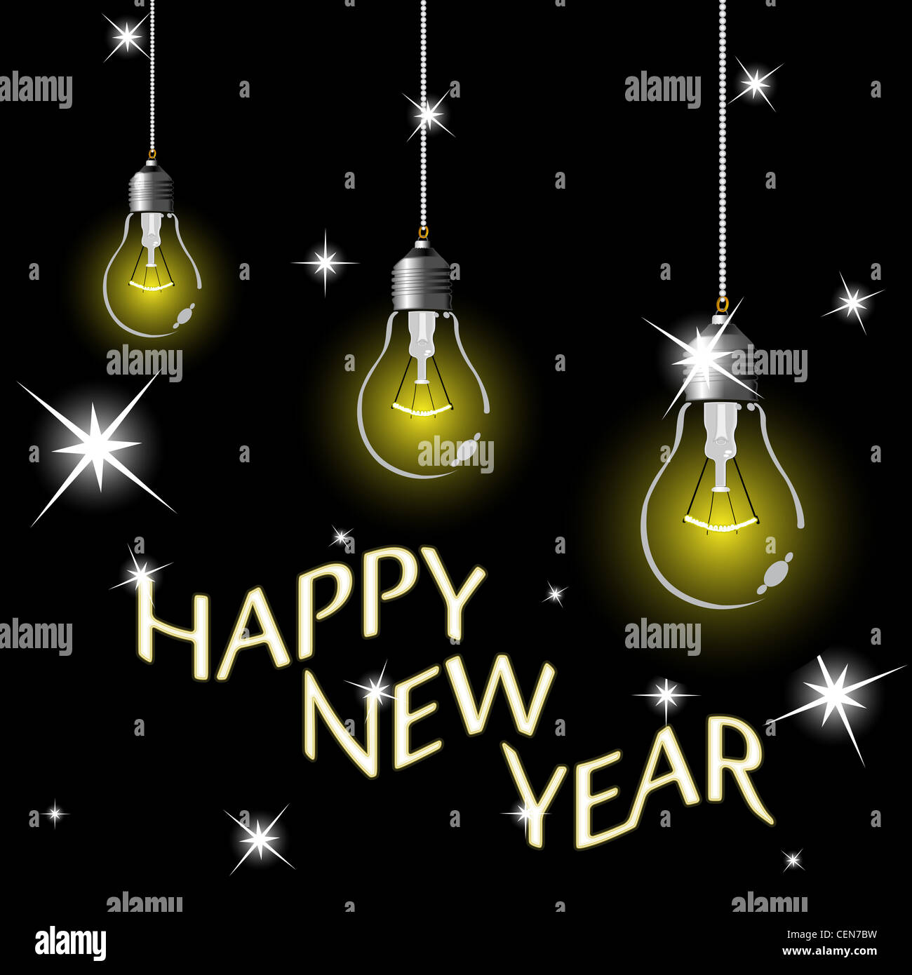 Frohes neues Jahr Glühbirnen und Sterne, abstrakte Kunst Vektorgrafik; Bild enthält Transparenz Stockfoto