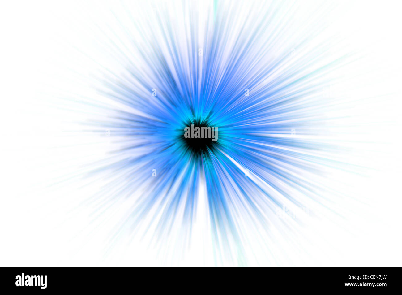 Lebendige blau und Cyan Farbe Fäden Bewegung zu einem schwarzen Zentrum mit weißem Hintergrund unscharf Stockfoto