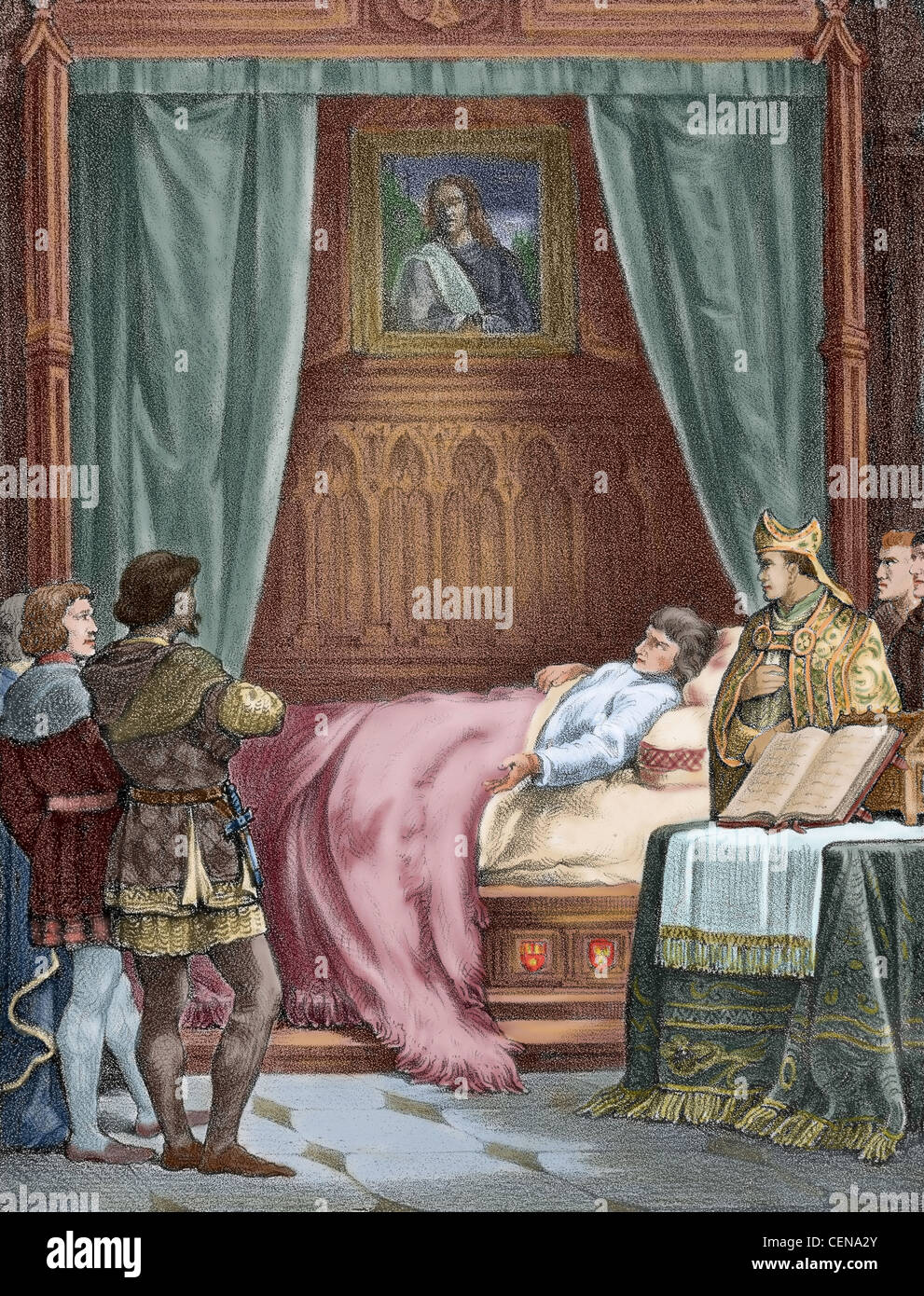 Ferdinand der katholische (1452-1516). Tod von Ferdinand der katholische. Farbige Gravur. Stockfoto