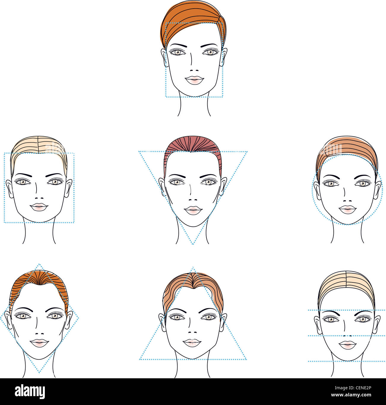 Verschiedene Gesichtsformen: Rechteckfläche, quadratisches Gesicht,  dreieckiges Gesicht, rundes Gesicht, Diamant-Gesicht und einem Gesicht  gleich Entfernungen Stockfotografie - Alamy