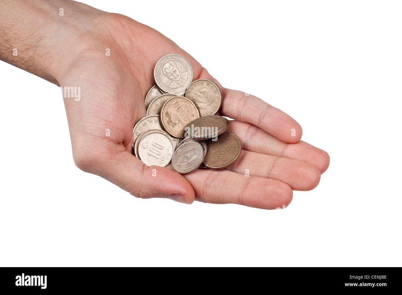 Hand hält verschiedene Münzen – Konzept für persönliche Finanzen und Sparmöglichkeiten Stockfoto