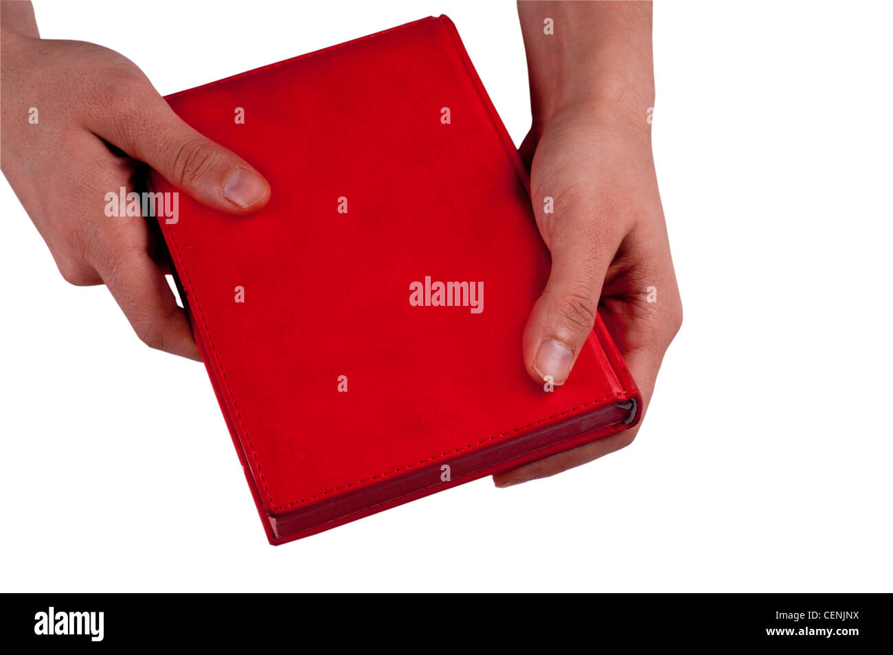 Notizbuch Aus Rotem Leder Mit Männlicher Hand Stockfoto