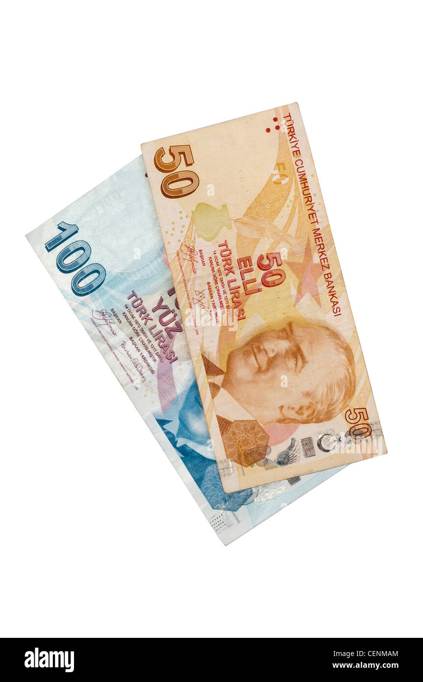 Gemischte türkische Lira-Banknoten – 50, 100, 200 TL Währung auf weiß gesetzt Stockfoto