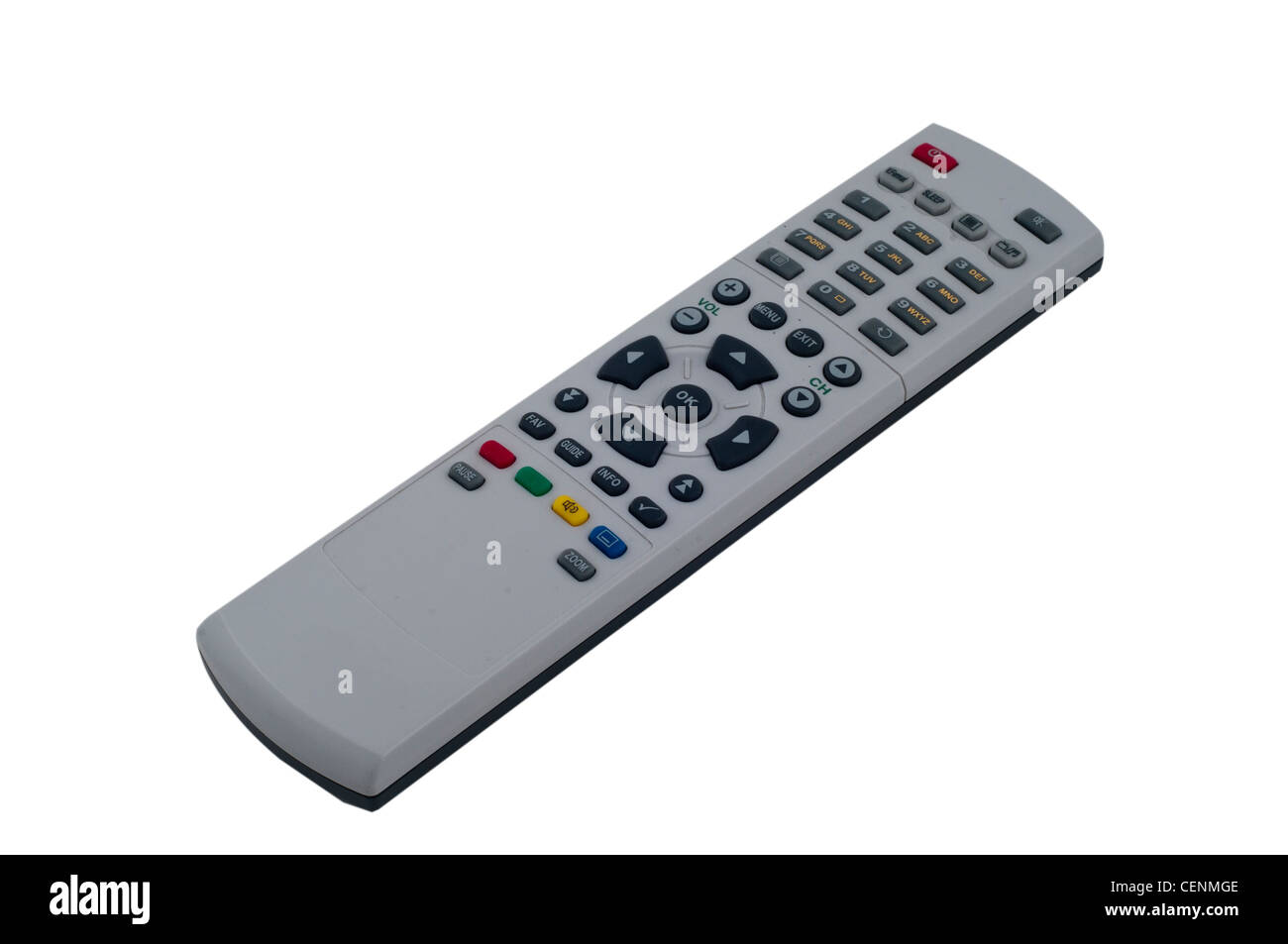 Eine graue TV-Fernbedienung auf weißem Hintergrund. Perfekt für Technologie-, Home Entertainment- und Mediensteuerungskonzepte. Stockfoto