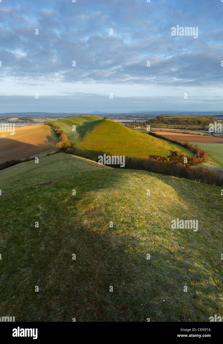 Blick vom Corton Hill in Richtung Parrock Hill, Cadbury Castle und Glastonbury Tor in der Ferne. Somerset. England. VEREINIGTES KÖNIGREICH. Stockfoto