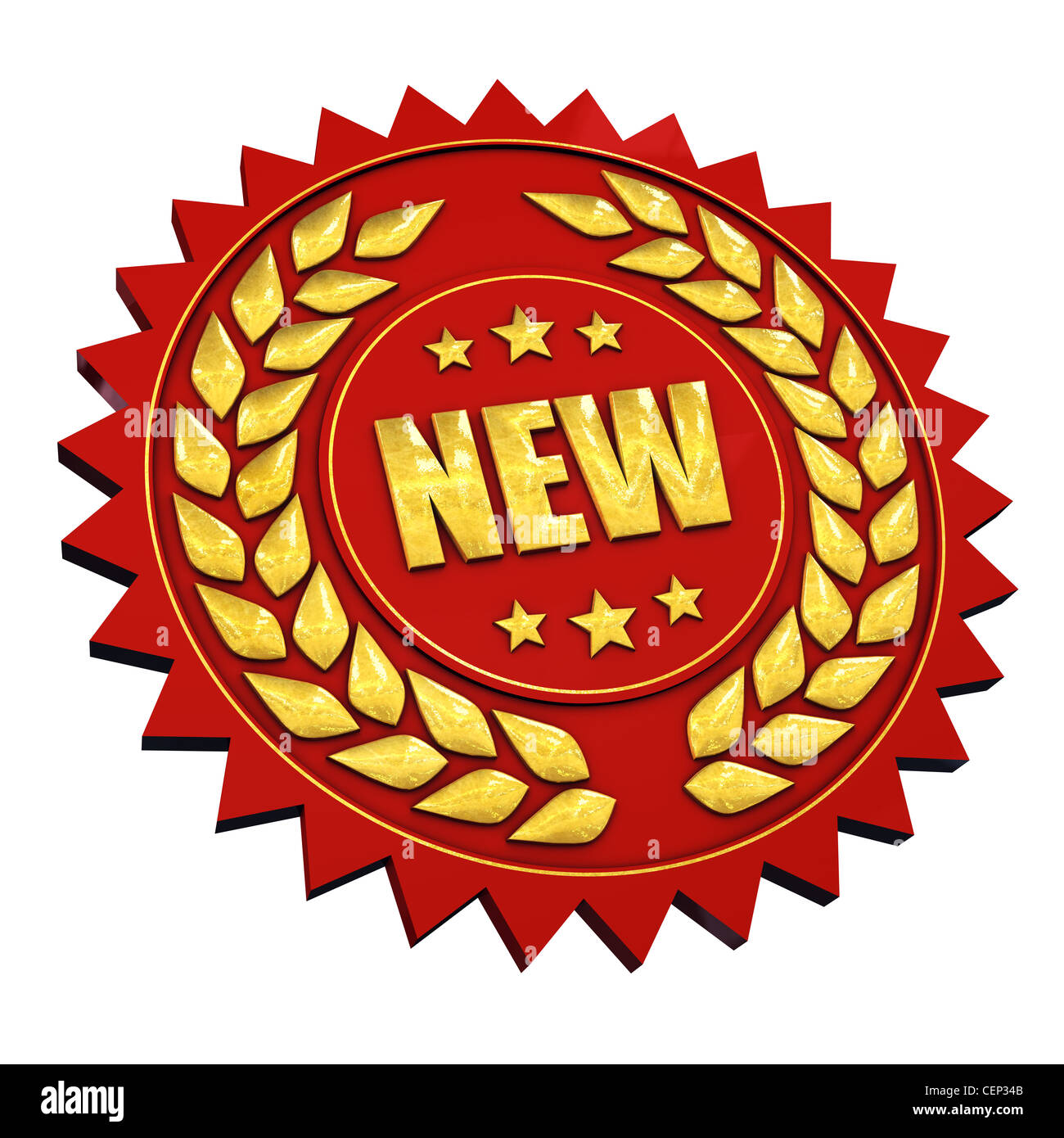 Neue Garantie-rot-Gold Label, isoliert auf weiss Stockfoto