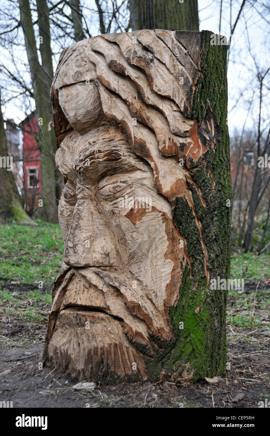 Viking Skulptur Holzschnitzerei Baumstumpf schneiden Carving Bart Gesicht Kunst Kunst Kunst im öffentlichen Raum Stockfoto