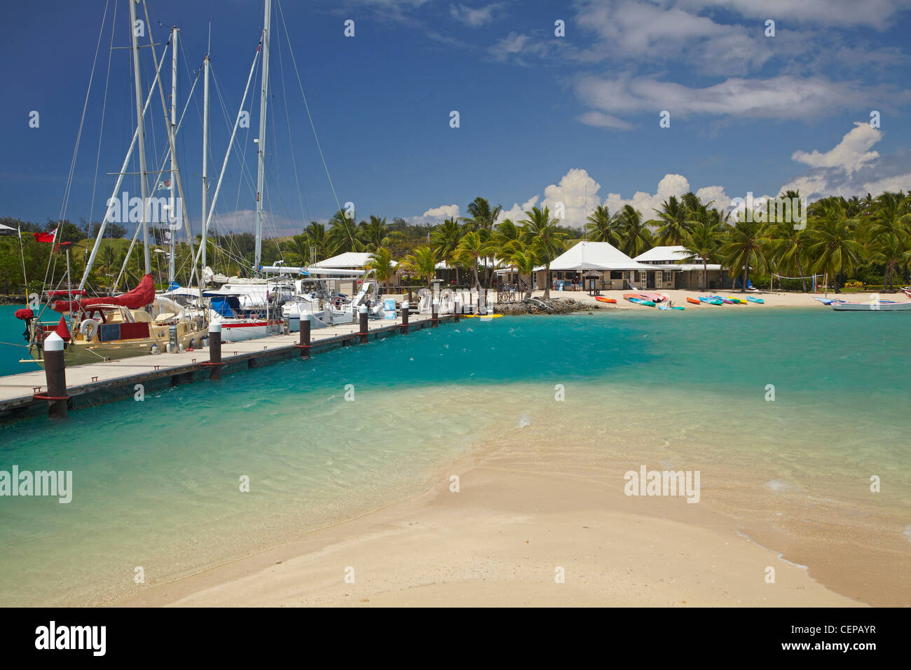 Yachten gefesselt im Südpazifik, Mamanuca Inseln, Fidschi, Malolo Lailai Island, Musket Cove Island Resort Stockfoto