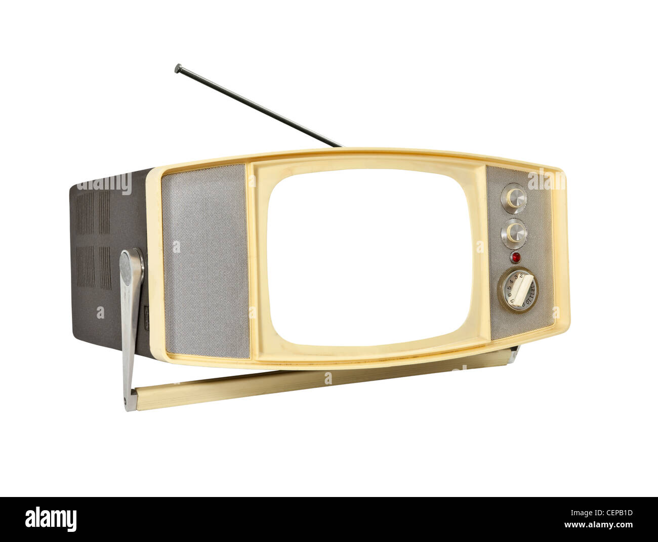 Kleinen 60er Portable TV mit ausgeblendeten Bildschirm und Antenne. Stockfoto