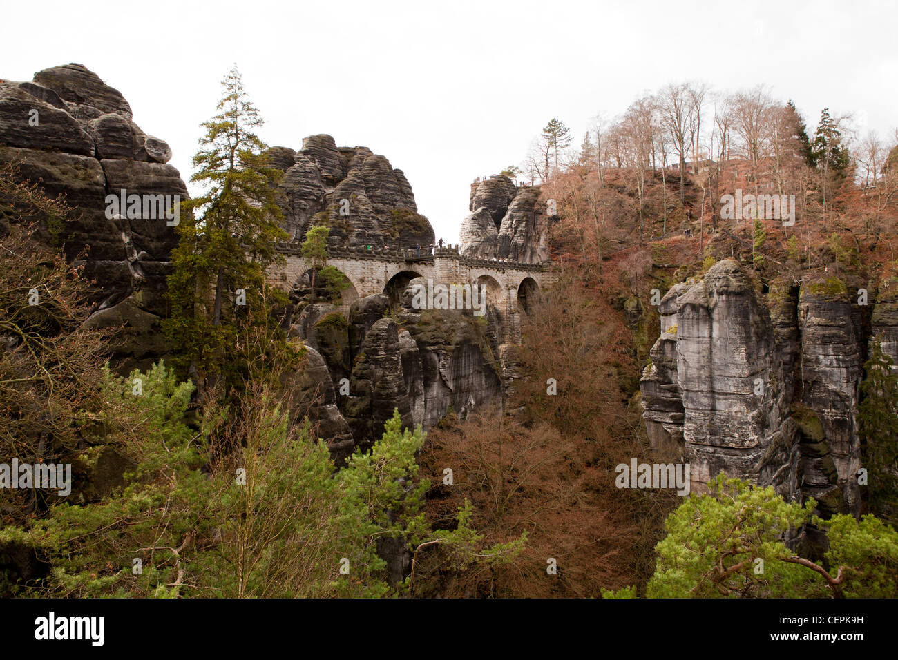 Blick auf die Bastei, Bastei-Brücke, Felsformationen in das Elbsandsteingebirge von Deutschland Stockfoto