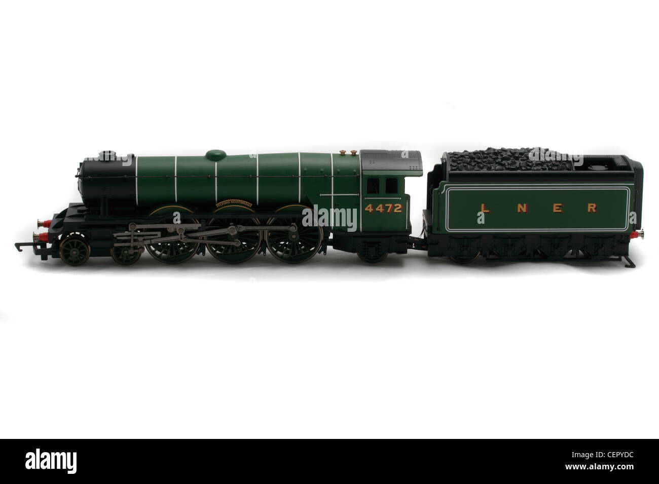 4472 LNER Flying Scotsman Maßstab Hornby Modelleisenbahn. Die LNER-Klasse A3 Pacific-Lokomotive wurde erbaut 1923 für die London and North Eastern Railway (LNER) bei Doncaster Works nach einem Entwurf von H.N Gresley Nr. 4472 Flying Scotsman (ursprünglich Nr. 1472). Stockfoto