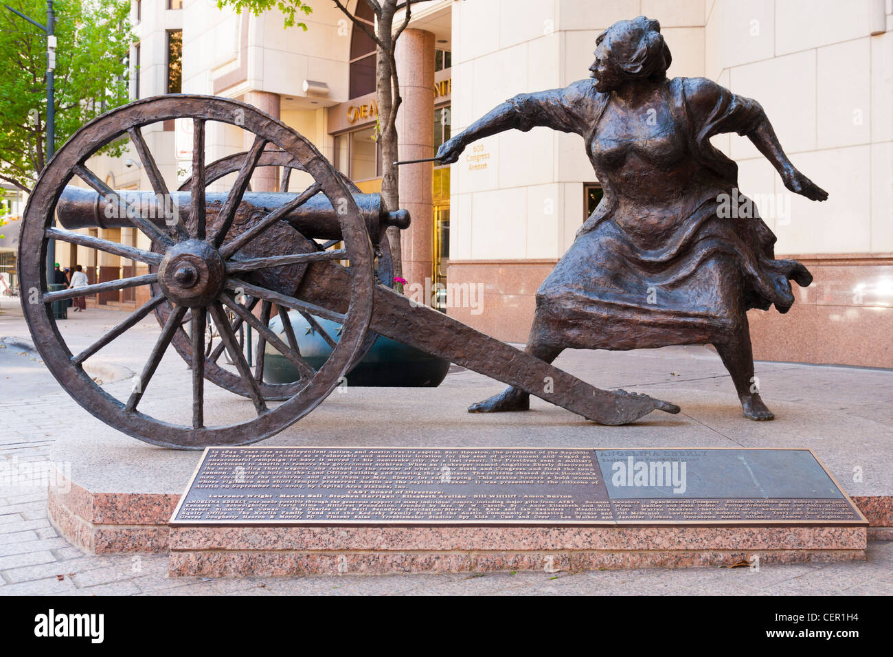 Angelina Eberly Bronze Skulptur, Austin, TX Stockfoto