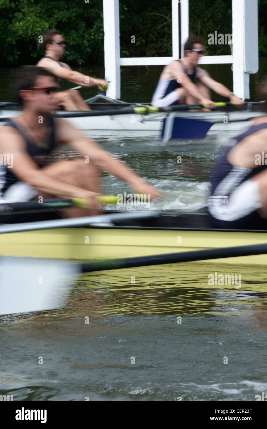 Bootsmannschaften kraftvoll aus der Startlinie während eines Rennens bei der jährlichen Henley Royal Regatta Rudern. Stockfoto