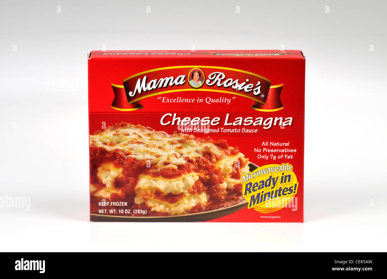 Paket von Mama Rosie's gefroren Käse Lasagne Fertiggerichte auf weißem Hintergrund isolieren, USA Stockfoto