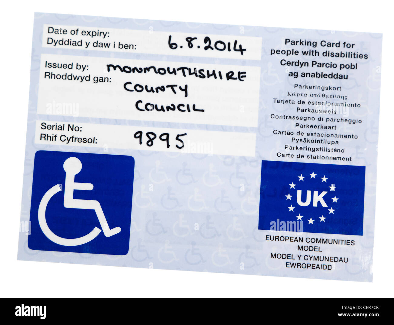 Beispiel Pf blaue Abzeichen ausgestellt für das Abstellen von Erlaubnis für Menschen mit Behinderungen, UK Stockfoto