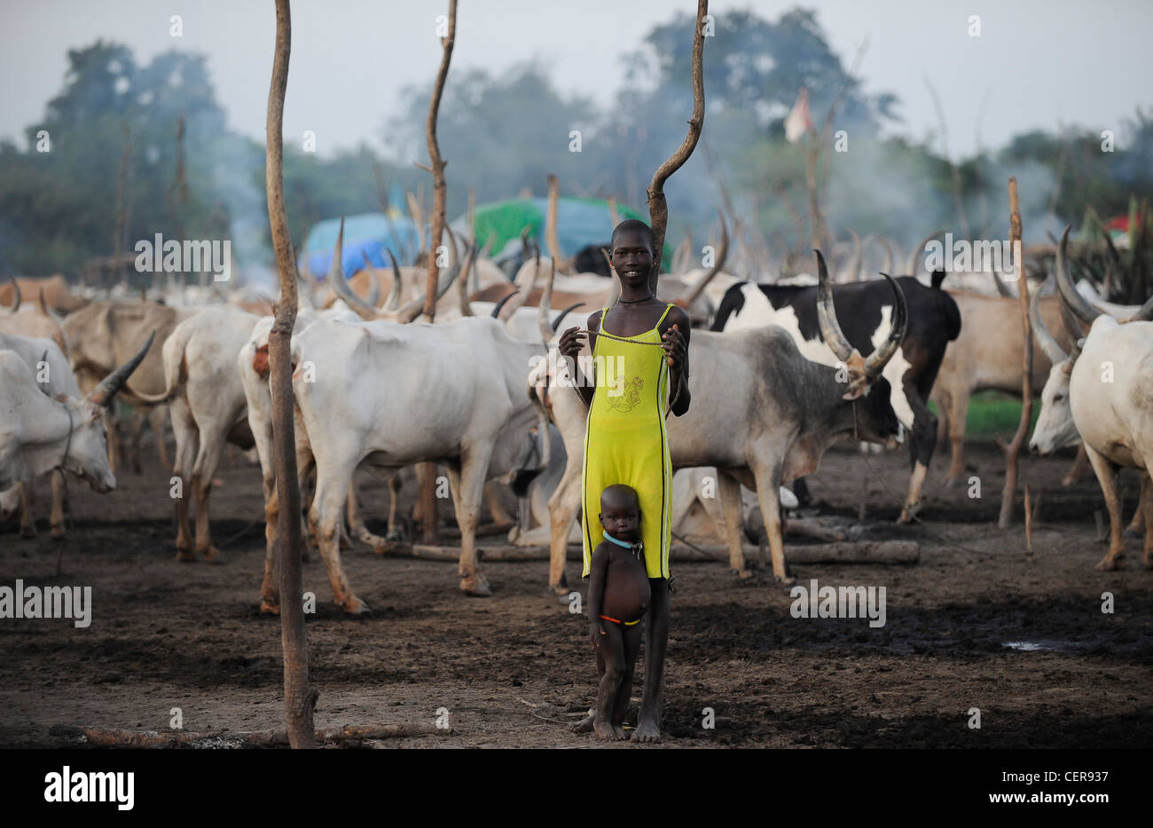 Im Süden des Sudan, Bahr al Ghazal region, Seen, Dinka Stamm mit Zebu Rinder Kühe im Camp in der Nähe von Rumbek, junges Mädchen mit Kind Stockfoto