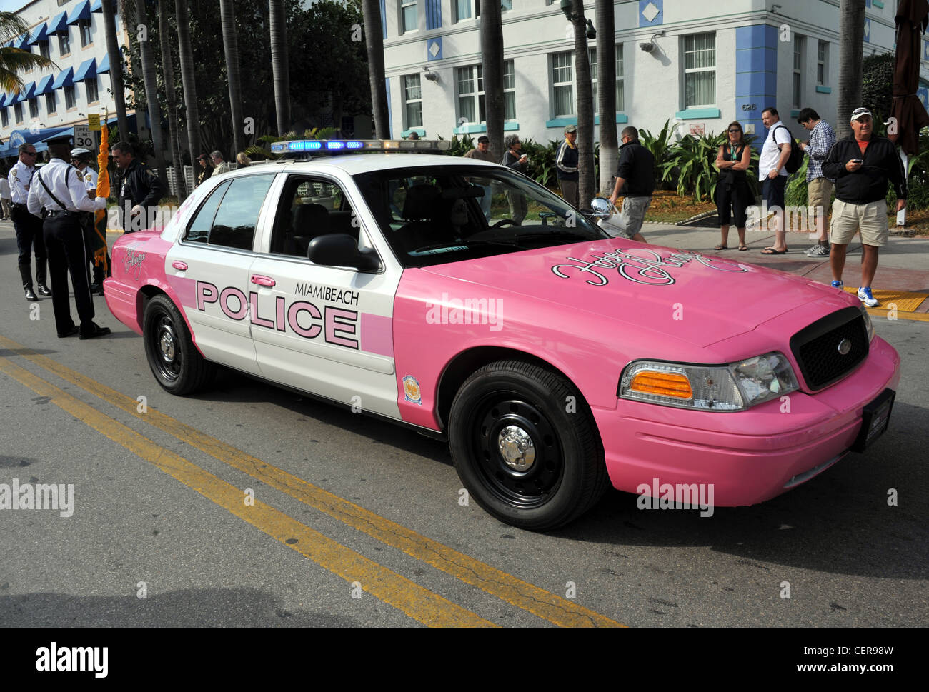 Rosa Polizeiauto, America, USA Stockfoto