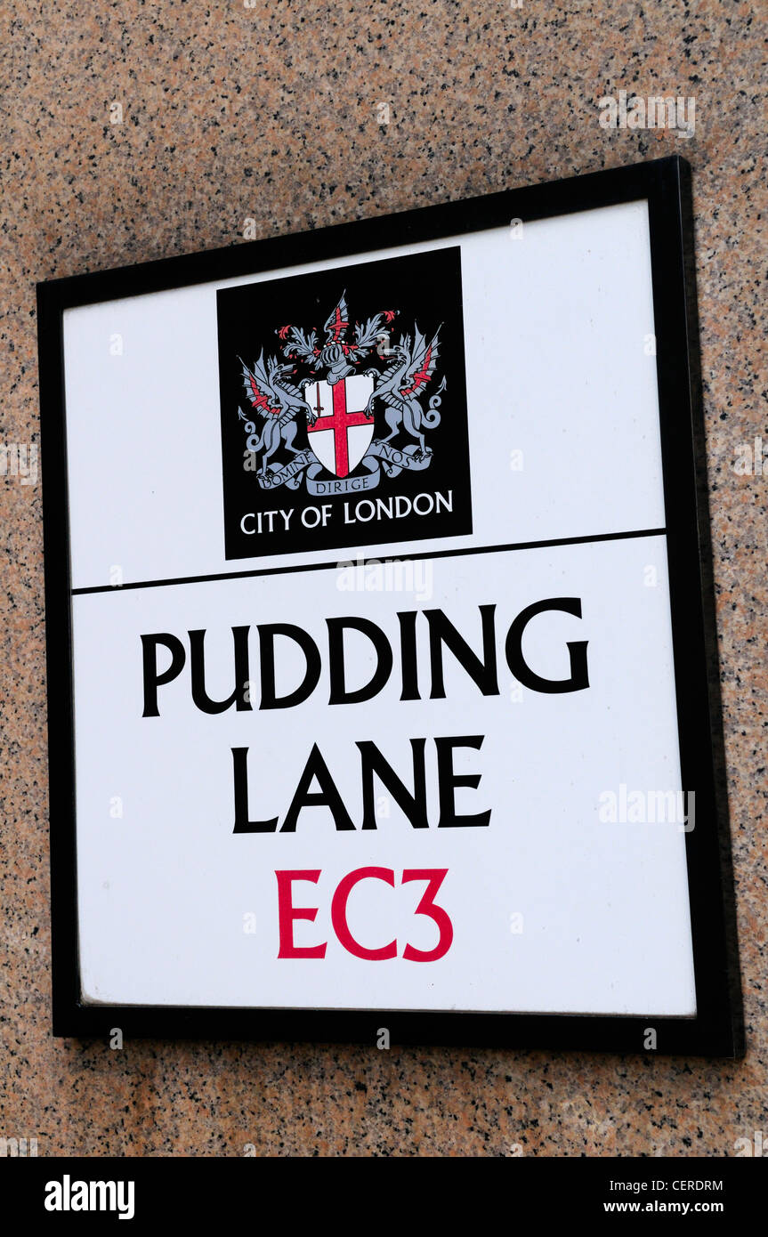 Pudding Lane EC3 Straßenschild. Pudding Lane ist bekannt als der Ort des Beginns der großen