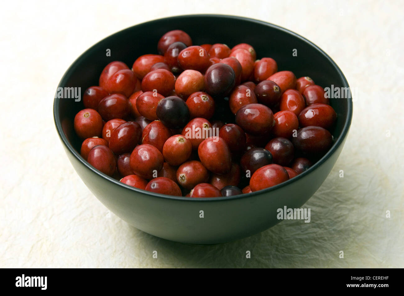 Neue Jahre Resolutionen gesunde Entscheidungen Schwarz voller Preiselbeeren auf einem einfarbigen Hintergrund Kamera Presse James platziert Schüssel Stockfoto