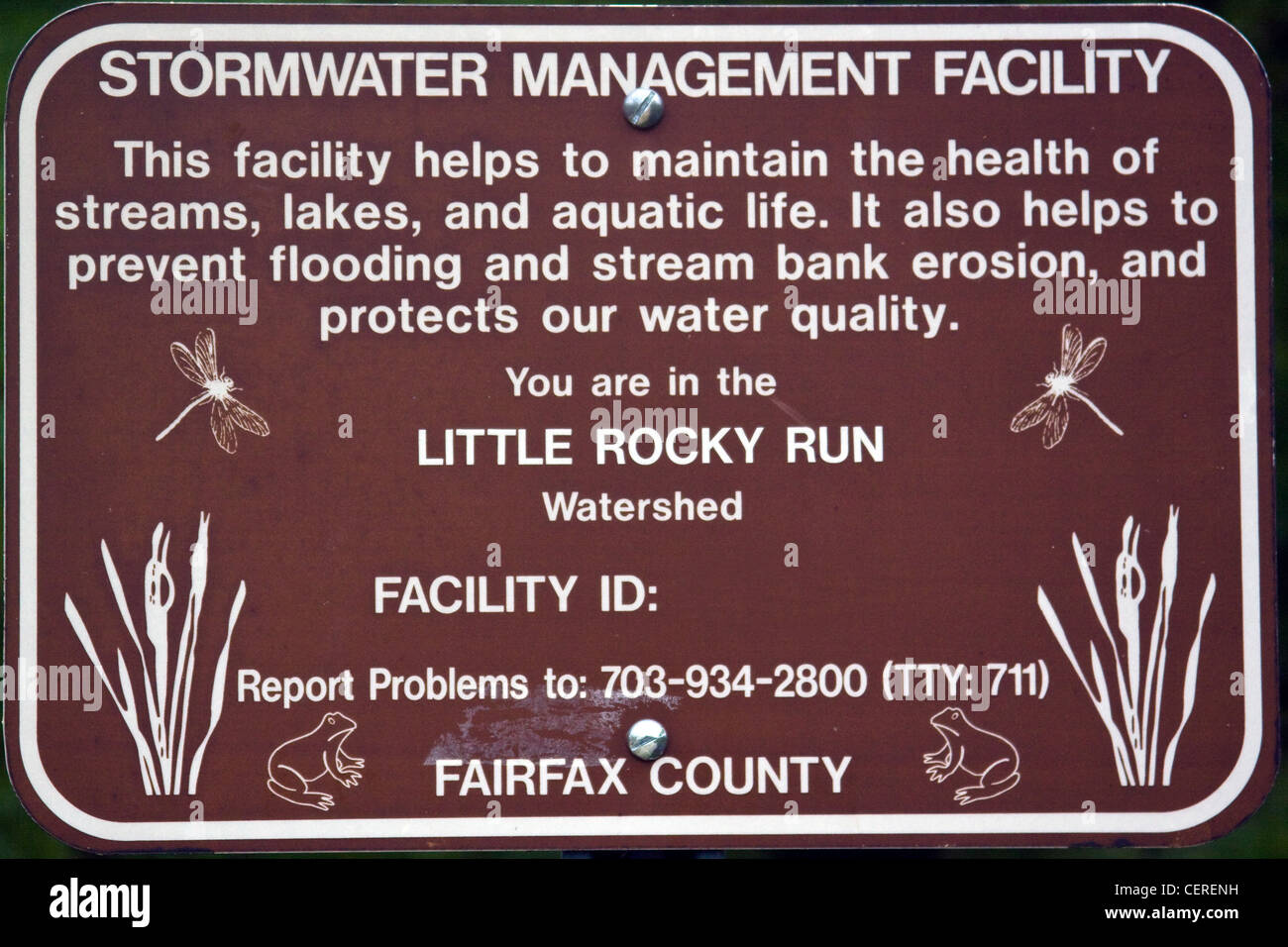 Fairfax County Virginia Regenwasser Management Facility Zeichen für kleine felsige laufen Watershed Stockfoto