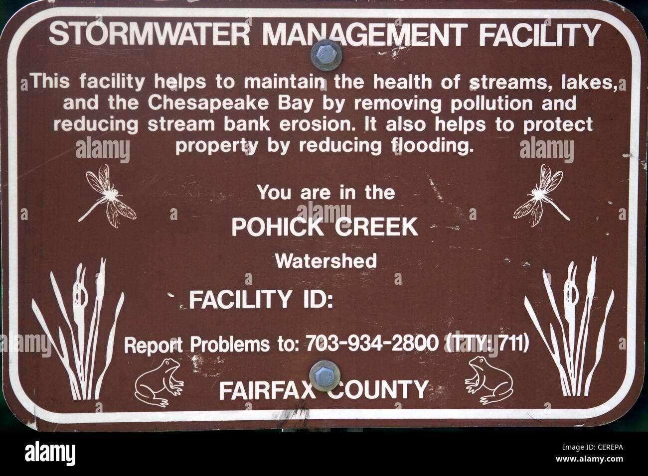 Fairfax County Virginia Regenwasser Management Facility Zeichen für befreundet Creek Watershed Stockfoto