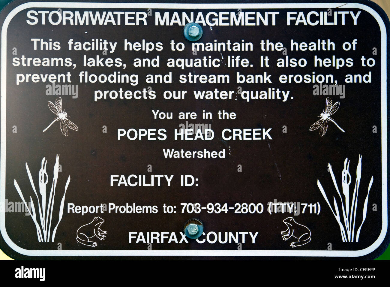 Fairfax County Virginia Regenwasser Management Facility Zeichen für Päpste Head Creek Watershed Stockfoto