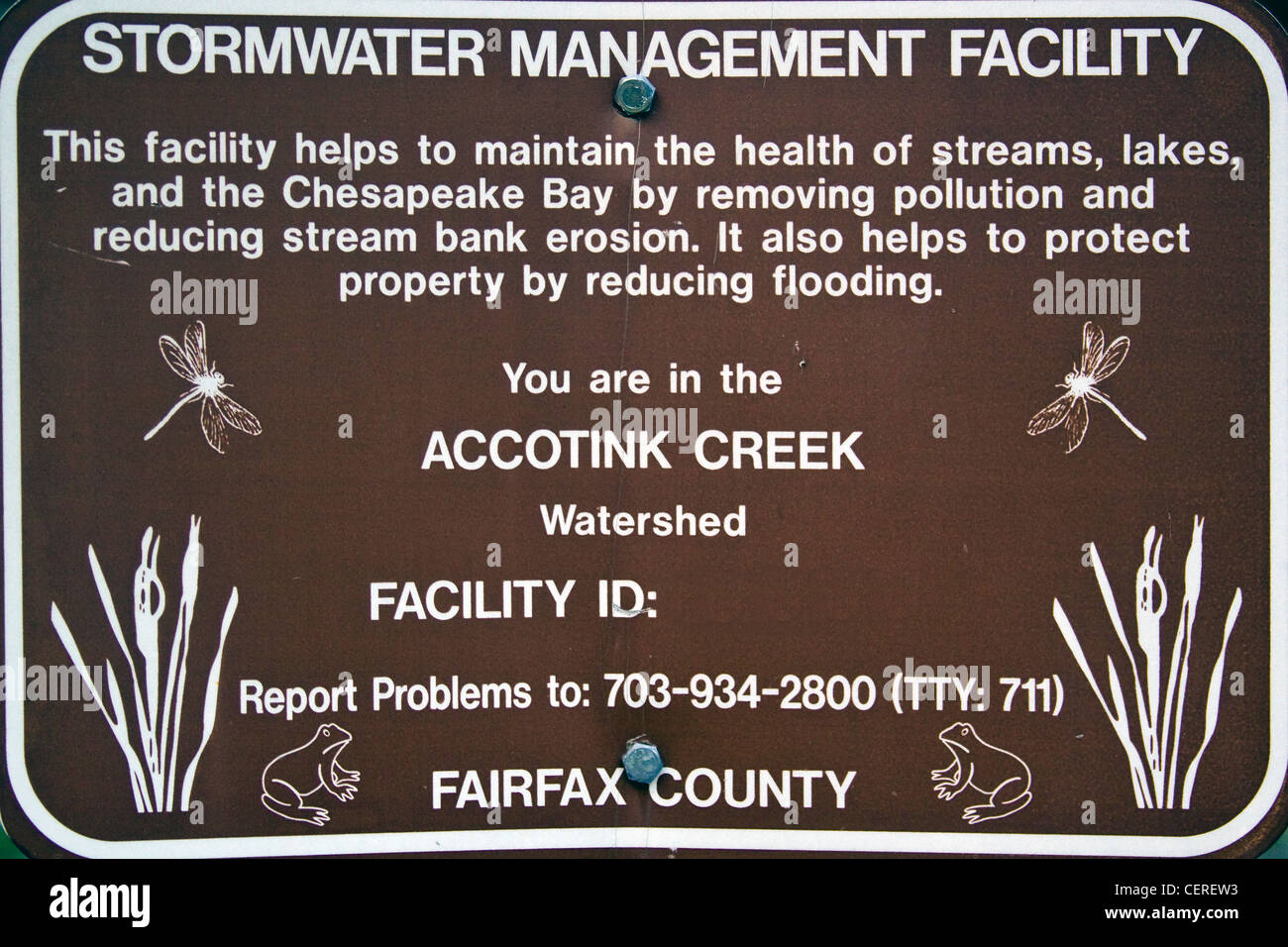 Fairfax County Virginia Regenwasser Management Facility Zeichen für Accotink Creek Watershed Stockfoto