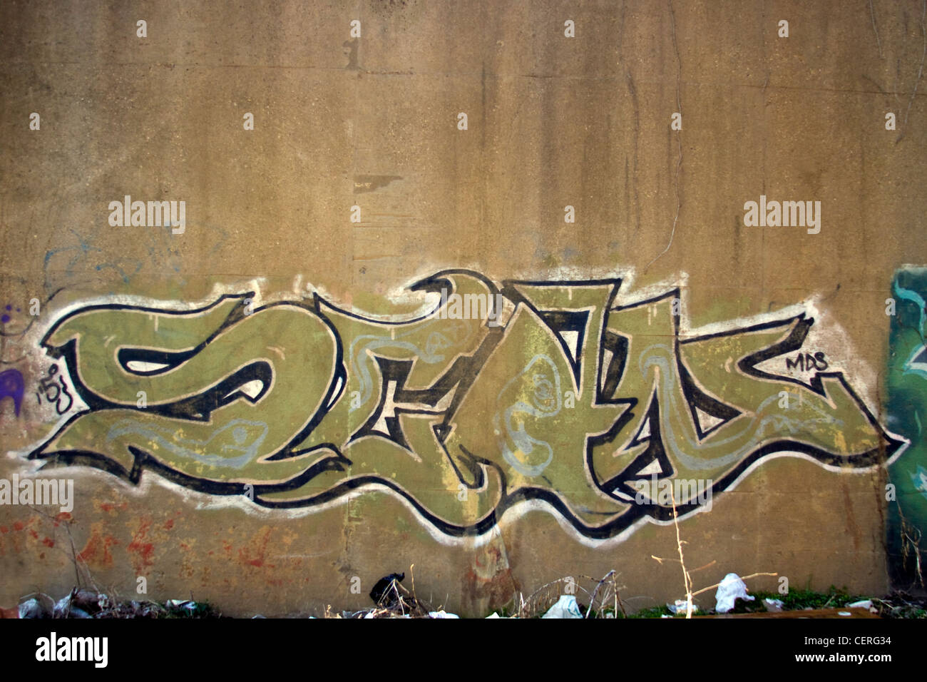 Graffiti-Kunst auf einer Konzert-Wand eine trashige verlassenen Straße Auto Straße Unterführung jetzt verwendet von den Obdachlosen in Washington, D.C. Stockfoto