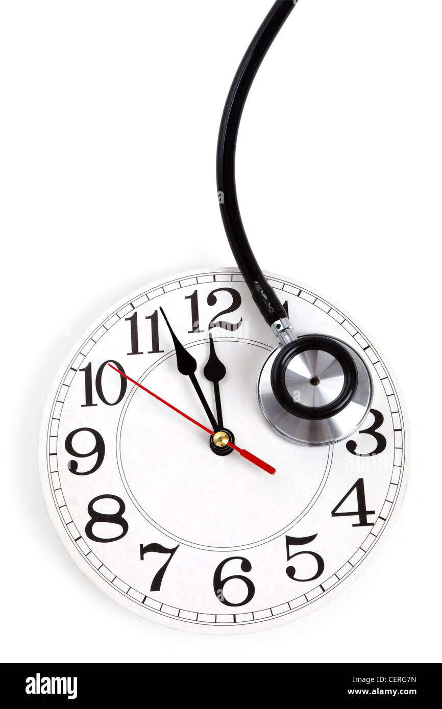 Stethoskop und Uhr, Konzept der Zeit Probleme Stockfoto