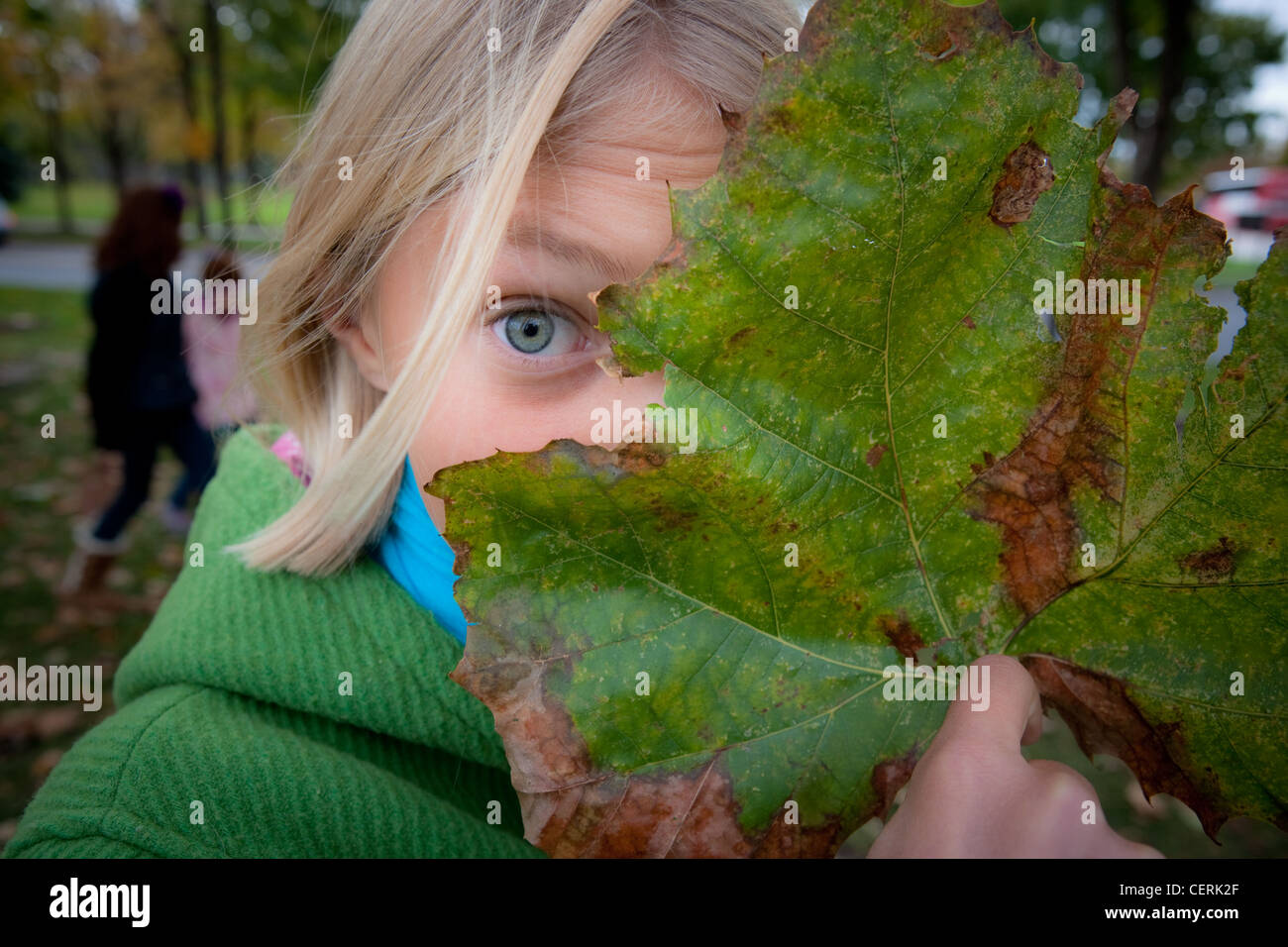 Zehn Jahre altes Mädchen hinter einem großen Blatt erreichte. Stockfoto