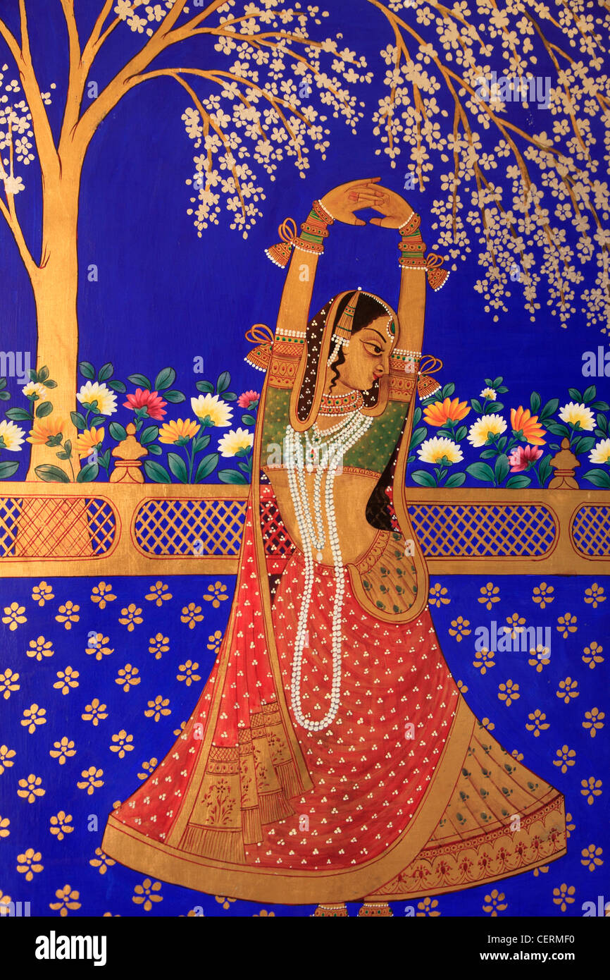 Indien, Rajasthan, Jaipur, Umaid Bhawan Hotel, Wandmalerei