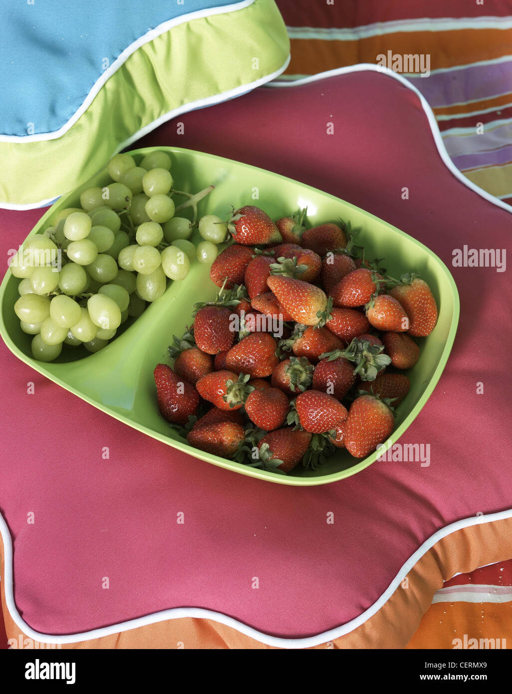 Bereit zum Picknick holen Sie sich Readysunny Tage, so können Sie verbringen die meisten Ihrer Zeit unter freiem Himmel Schale Erdbeeren und Trauben, auf eine Stockfoto