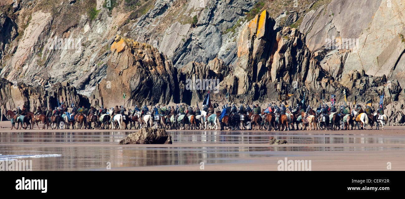 Dreharbeiten zu einer Szenenverlaufs von Schnee weiß und die Jäger im Juni 2012 auf Marloes Strand Pembrokeshire veröffentlicht. Stockfoto