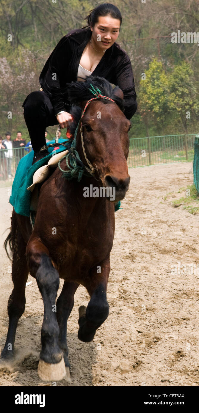 Ein chinesischer Akrobat Stunts ausführen, auf dem Rücken eines Pferdes. Stockfoto