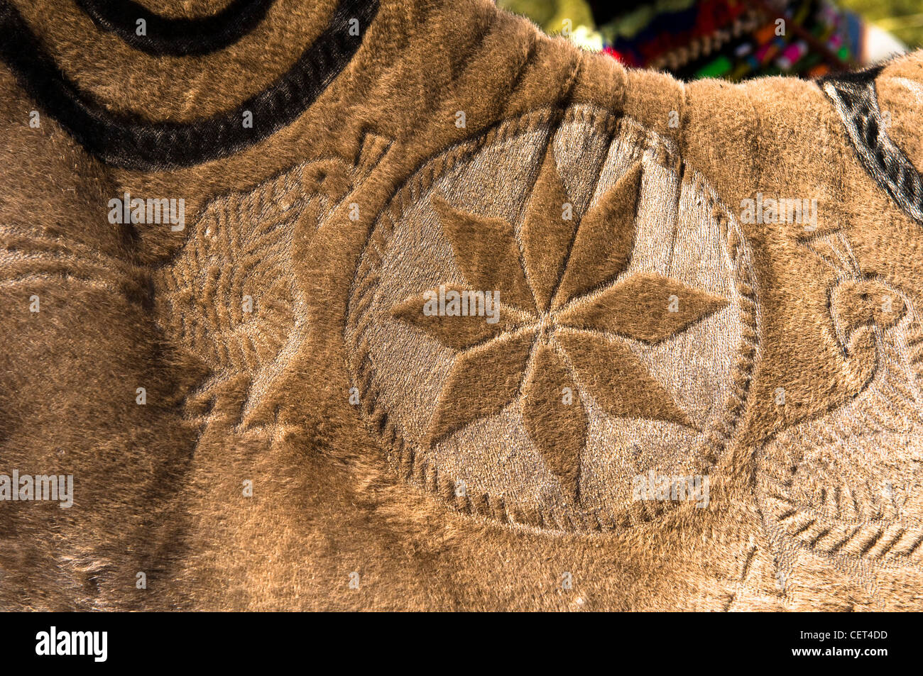 Schöne Muster verzieren ein Kamel in der Wüste Thar in Indien. Stockfoto